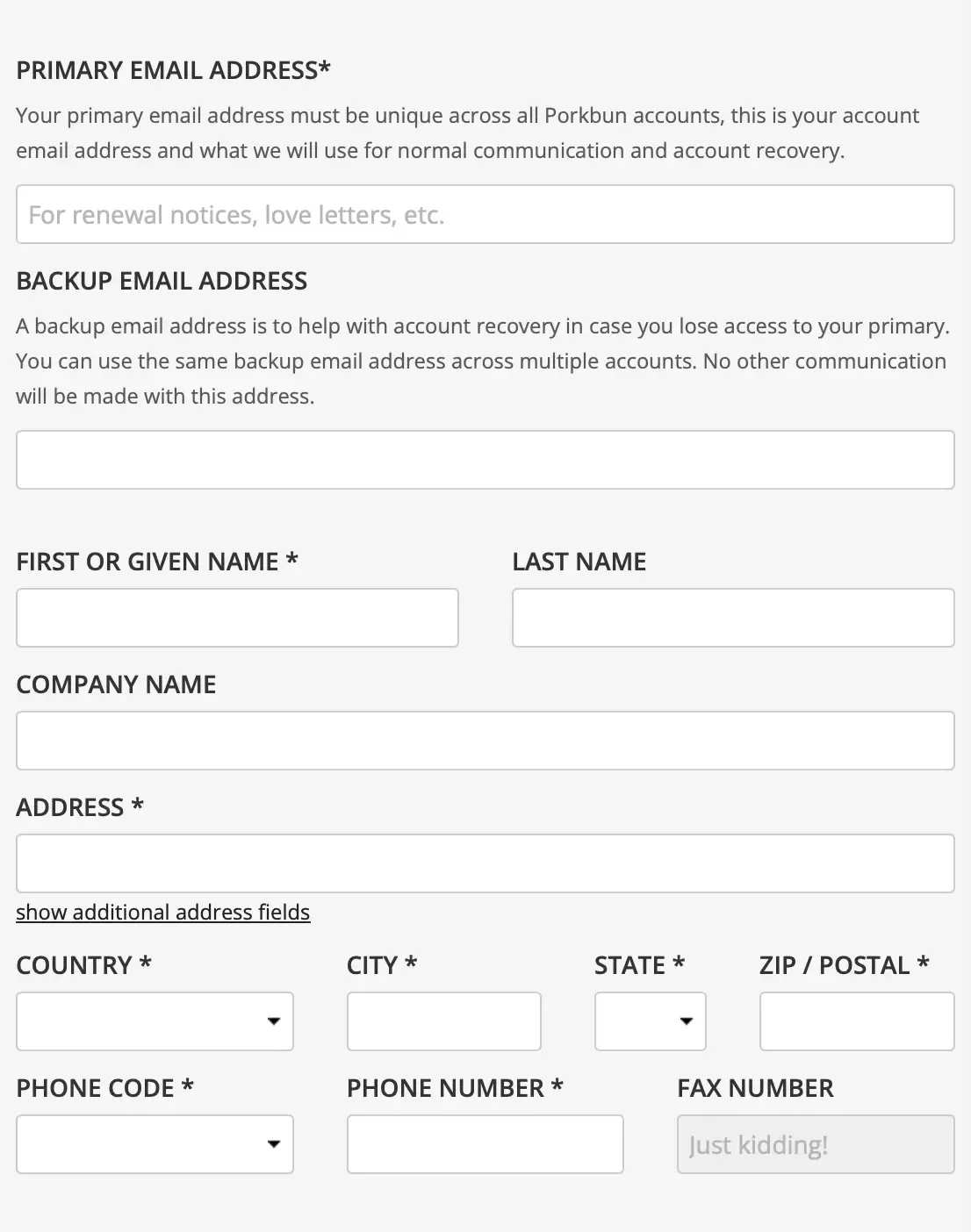 Screenshot from Porkbun registration showing a joke that the user needs a fax number