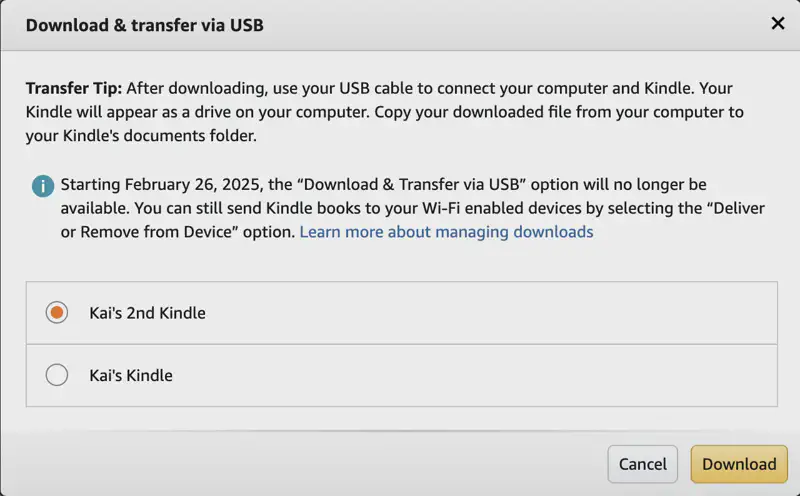 Screenshot of Amazon Kindle download selection